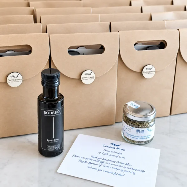 Cretan Welcome Gift Bag with Olive Oil, Herbs & Custom Logo Tag